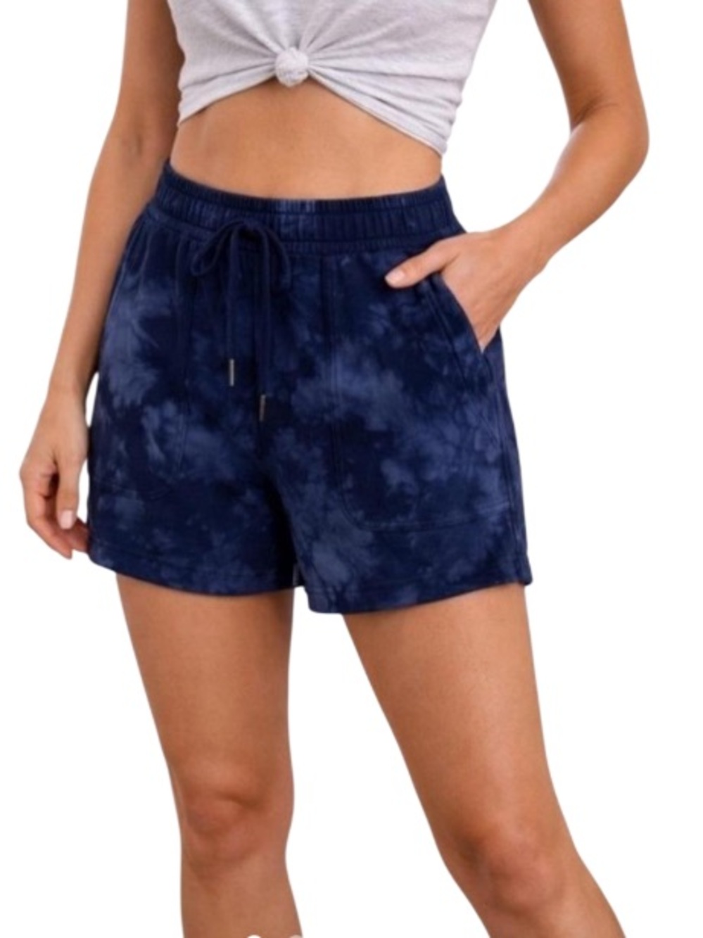 Athleta Tie-Dye Navy Adjustable Pull-On Shorts. Size M. Pockets.